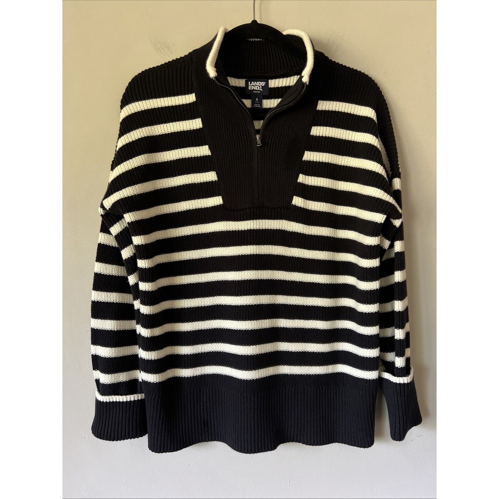 Lands' End Drifter Black And cream Striped Mock Quarter Zip Sweater Women's S